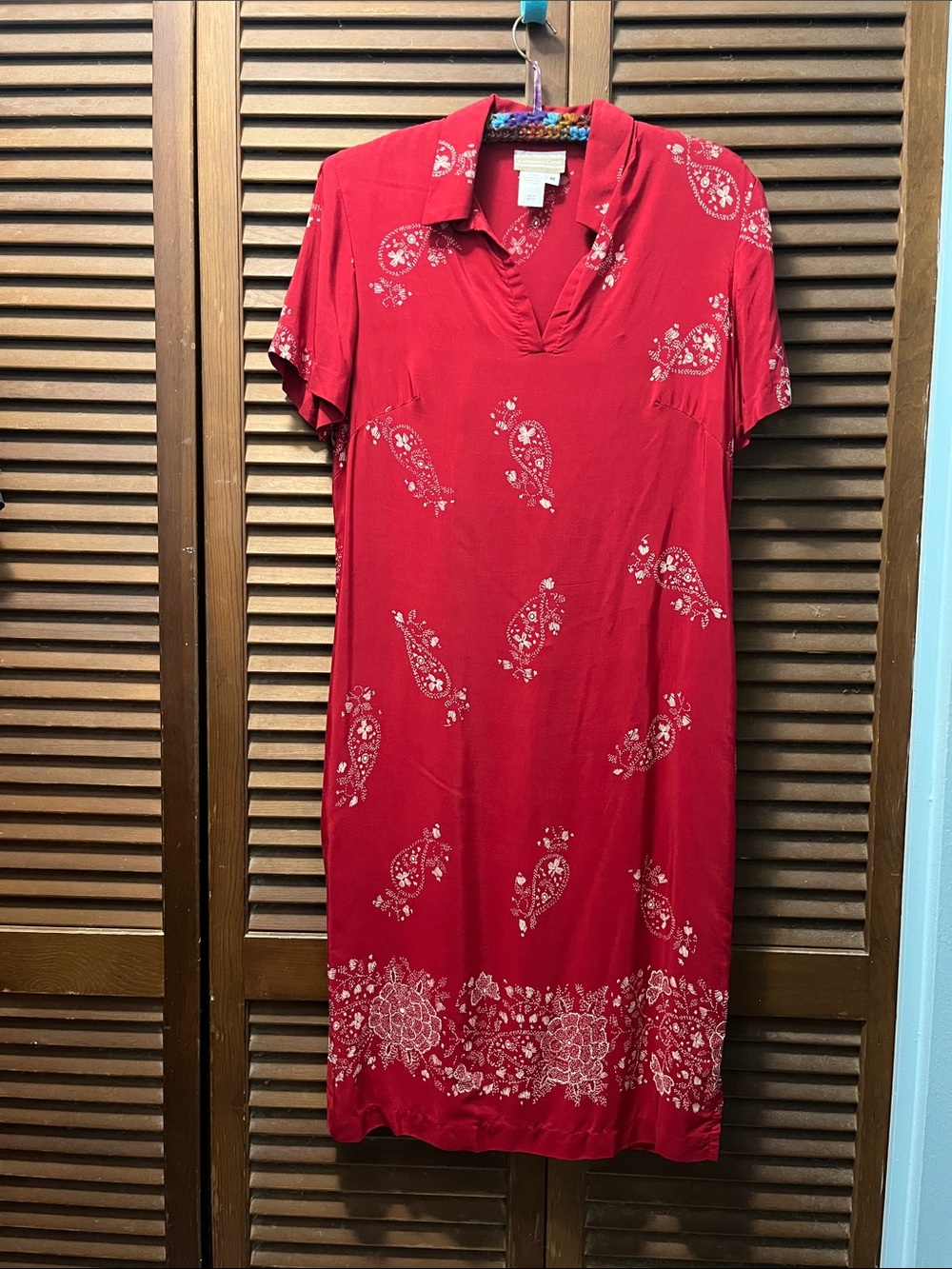 Coldwater Creek Red Paisley-Trim V-Neck Midi Dress